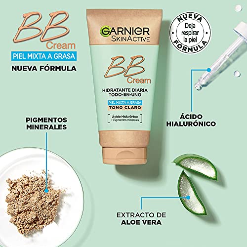 Garnier Skin Active - BB Cream (para pieles mixtas a grasas, con SPF 25, Ácido Hialuronico, Extracto de Aloe Vera y Pigmentos Minerales, Hidrata, Unifica, Corrige e Ilumina piel) Tono claro - 50 ml