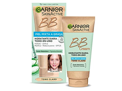 Garnier Skin Active - BB Cream (para pieles mixtas a grasas, con SPF 25, Ácido Hialuronico, Extracto de Aloe Vera y Pigmentos Minerales, Hidrata, Unifica, Corrige e Ilumina piel) Tono claro - 50 ml