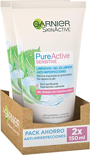 Garnier Skin Active Limpiador de Poros Sin Jabón Anti Imperfecciones, Limpia y Matifica, Purifica y Reduce Imperfecciones en 4 Semanas, para Pieles Sensibles, Pack x 2, 150 ml