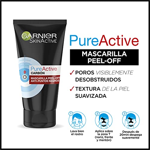 Garnier Skin Active Mascarilla Peel-off con Carbón, para Puntos Negros y Zona T, Elimina Impurezas y Puntos Negros, Desobstruye Poros, Resultados Visibles en 4 Semanas, Pack x 2, 50 ml