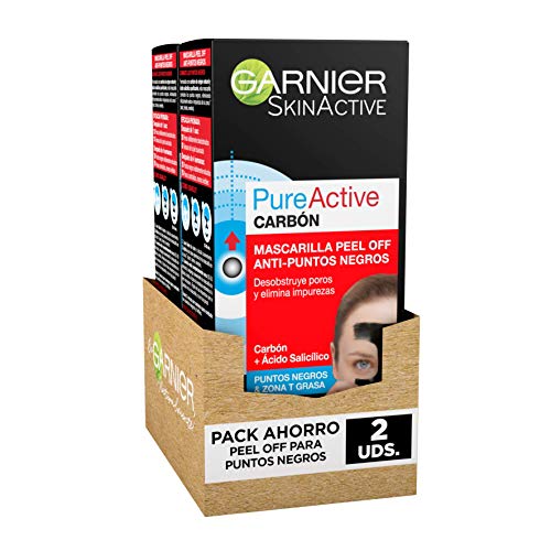 Garnier Skin Active Mascarilla Peel-off con Carbón, para Puntos Negros y Zona T, Elimina Impurezas y Puntos Negros, Desobstruye Poros, Resultados Visibles en 4 Semanas, Pack x 2, 50 ml