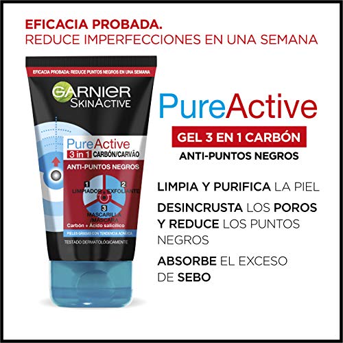 Garnier Skin Active - Pure Active, Gel Limpiador de Poros y Exfoliante Facial con Carbón 3 en 1 - Pack 2 unidades x 150 ml - Total: 300 ml