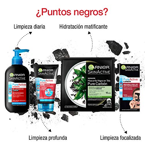 Garnier Skin Active PureActive - Mascarilla Negra Peel Off con Carbón y Ácido Salicílico Anti Puntos Negros, Espinillas y Poros de la Nariz, 50 ml