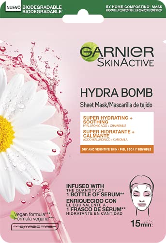 Garnier Skin Active, Tissu Mask Calmante, Mascarilla Facial de Tejido con Camomila y Ácido Hialurónico para Pieles Secas y Sensibles, Suaviza y Alivia la Piel, 5 Unidades