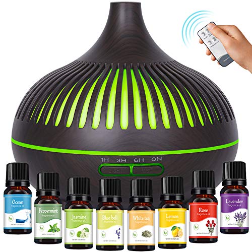 GeeRic Difusor de Aceites Esenciales 500ML, 8 * 10ML Aceites Esenciales + Humidificador Ultrasónico Purificador de Aire Difusor de Aroma Aceites Perfumados Nebulizador LED de 7 Colores para Yoga