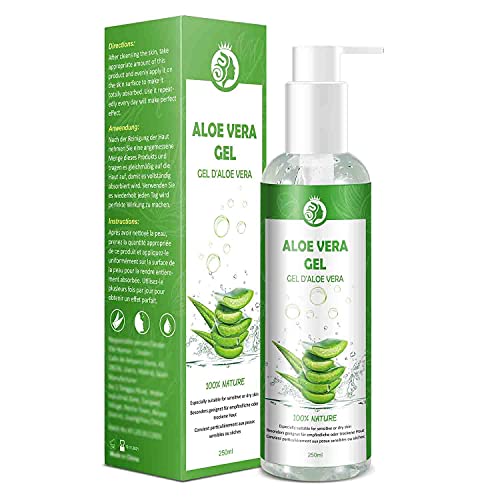 Gel de Aloe Vera 100% Puro,250 ML Aloe Vera Crema Natural,Gel Hidratante para Cara,Cabello y Cuerpo,Ideal para el Acné,Pieles Secas y Quemadas Solares,Calmante,Nutritiva y Antisensible| con Bomba…