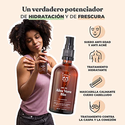 GEL DE ALOE VERA ORGÁNICO | Hecho con Pulpa Fresca de Aloe 100% Puro y Lavanda | Sin Xantano | Rostro, Contorno de Ojos, Cuerpo, Cabello | Botella de vidrio + Bomba (100ml)