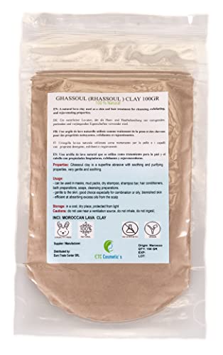 Ghassoul (Rhassoul clay) 100 g: una arcilla de lava natural utilizada como tratamiento para la piel y el cabello para la limpieza, exfoliación, muy suave y calmante.