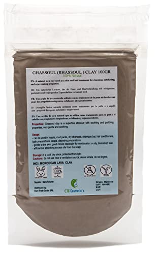 Ghassoul (Rhassoul clay) 100 g: una arcilla de lava natural utilizada como tratamiento para la piel y el cabello para la limpieza, exfoliación, muy suave y calmante.