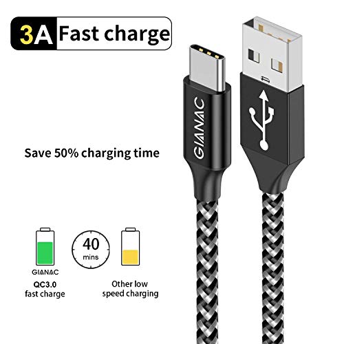 GIANAC Cable USB Tipo C, 5Pack [0.25M 0.5M 1M 2M 3M] 3A Cargador Tipo C Nylon Carga Rápida y Sincronización Cable USB C para Galaxy S10/S9/S8 Note9, Xiaomi Mi A2/A1, Huawei P30/P20/Mate20, Xperia XZ