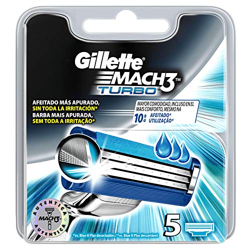 Gillette Mach3 Turbo Recambio de Maquinilla de Afeitar para Hombre - 5 Recambios