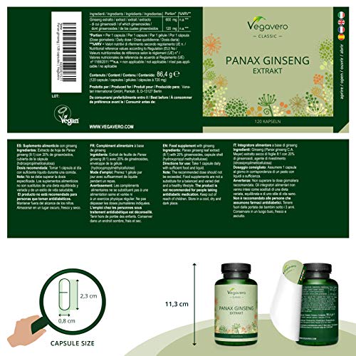 Ginseng Rojo Coreano PURO Vegavero® | LA DOSIS MÁS ALTA: 4800 mg | 20% Ginsenósidos | Sin Aditivos | Estimulante + Impotencia + Concentración + Afrodisíacos | 120 Cápsulas | Vegano