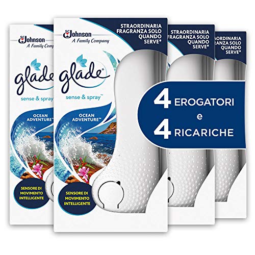 Glade Sense & Spray, ambientadores para ambiente, fragancia Ocean Adventure, 4 dispensadores y 4 recambios