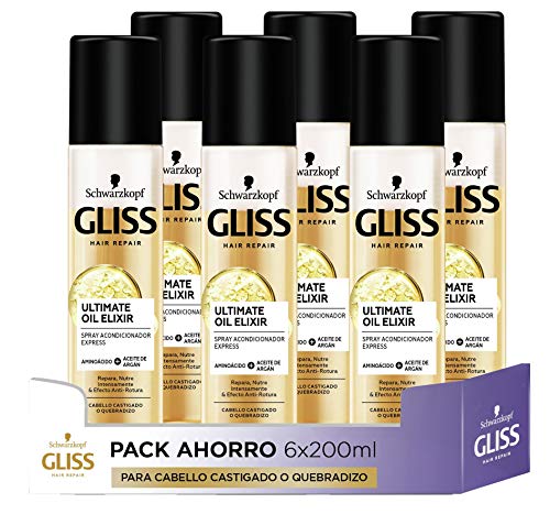 Gliss - Acondicionador Bifásico Sin Aclarado Express para pelo castigado o quebradizo - Ultimate Oil Elixir - 6uds de 200ml (1.200ml) - Gama Nutrición