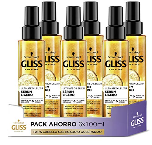 Gliss - Sérum Ligero para pelo castigado o quebradizo - Ultimate Oil Elixir - 6uds de 100ml (600ml) – Gama Nutrición – Brillo y flexibilidad