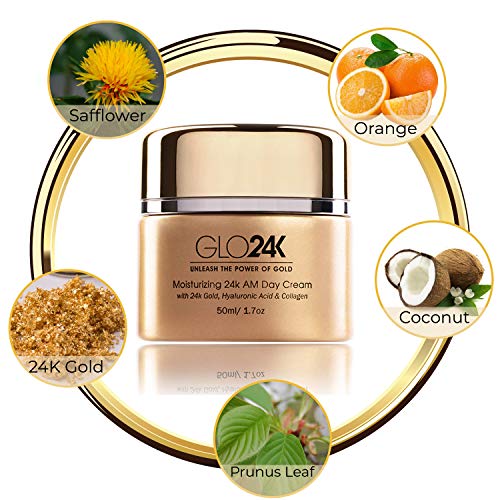 GLO24K Crema de día hidratante con 24k, antienvejecimiento con vitaminas, ácido hialurónico, colágeno