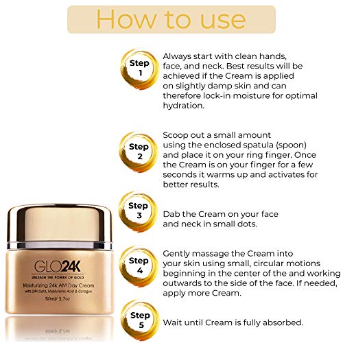 GLO24K Crema de día hidratante con 24k, antienvejecimiento con vitaminas, ácido hialurónico, colágeno