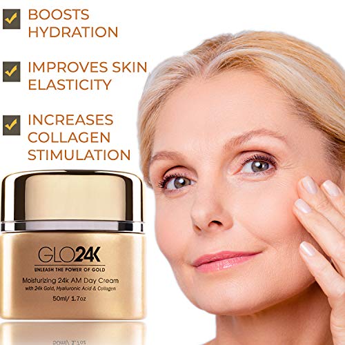 GLO24K Crema de día hidratante con 24k, antienvejecimiento con vitaminas, ácido hialurónico, colágeno