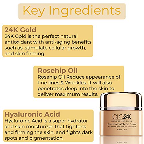 GLO24K crema para los ojos con oro de 24 k, formula antienvejecimiento con vitaminas, ‡cido hialur—nico, aceite de rosa mosqueta