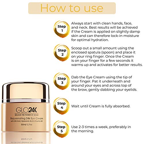 GLO24K crema para los ojos con oro de 24 k, formula antienvejecimiento con vitaminas, ‡cido hialur—nico, aceite de rosa mosqueta