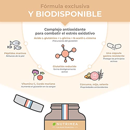 Glutatión Potente Antioxidante con Vitamina C, Reducido al 98% + Glicina Cisteína Ácido Glutámico, Regenerador Celular Hombres y Mujeres, Skin Whitening, Fabricado en Francia, 90 Cápsulas de Origen Vegetal