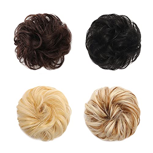 GmeDhc Coleteros Pelo Mujer Postizo, 4 Piezas Moño Postizo Rizado, Moños Ppostizos de Pelo Natural, Extensiones de Moño para Niñas, Mujeres, Moños Postizos con Mechas, Coletero Postizo Trenzas