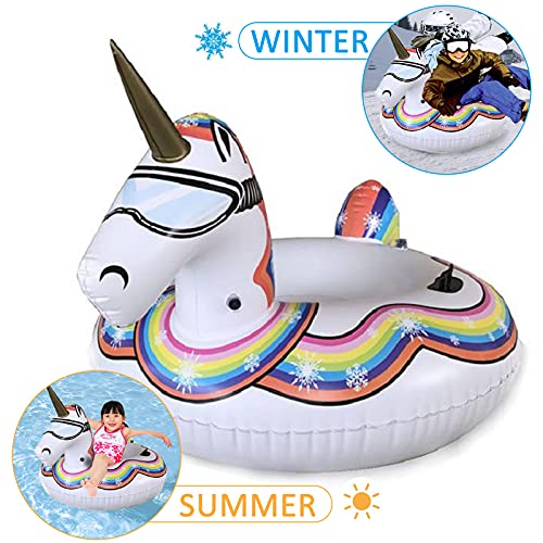 Gogokids Deslizadores Hinchables de Nieve - Trineo de Nieve con Asas para el Parque Acuático de Esquí de Invierno, Inflado Suave Círculo de Esquí para Niños y Adultos, Caballo Blanco