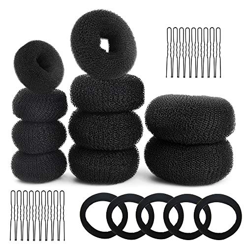 GOLRISEN Accesorios de Peinado Kit, Incluye 10 Donuts para El Pelo, 20 Horquillas en Forma de U y 5 Gomas de Pelo Negras, Donas para El Cabello de 3 Tamaños, Ideal para Mujeres Niñas, para Hacer Moños