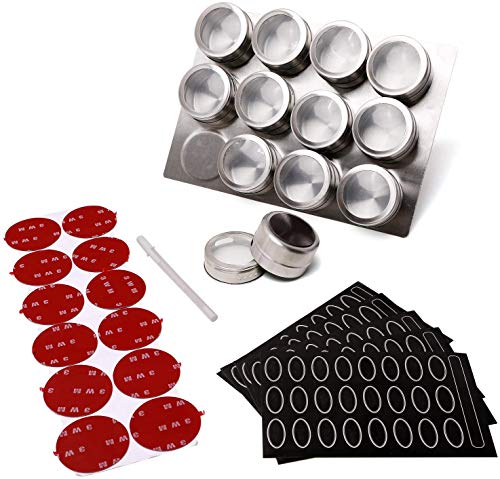 GoMaihe Especias de Cocina Tarro, Frascos de Especias Magnéticas de Acero Inoxidable, Transparente Frascos de Especias Redondos, 12 Pegatinas, 120 Etiquetas de Especias, 1 Bolígrafo, 1 Bandeja