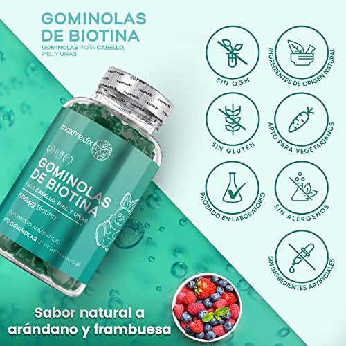 Gominolas De Biotina 5000 mcg Alta Dosis 60 Unidades - Para Crecimiento Cabello, Piel y Uñas, Suplemento con Biotina, Zinc, Ácido Fólico, Vitamina C, A,Vitamina B12, B6, Sabor Arándano y Frambuesa