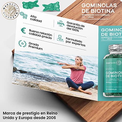 Gominolas De Biotina 5000 mcg Alta Dosis 60 Unidades - Para Crecimiento Cabello, Piel y Uñas, Suplemento con Biotina, Zinc, Ácido Fólico, Vitamina C, A,Vitamina B12, B6, Sabor Arándano y Frambuesa