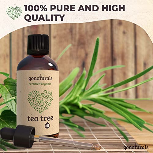 GoNaturals Aceite de Arbol de Te 100 Puro Prensado en Frío - Aceite Arbol del Te Orgánico para Cara y Cuerpo - Eficaz para Mejorar Acné - Aceite Árbol de Te para Hongos Uñas - Arbol de Te Piojos, 50ml