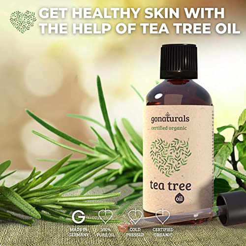 GoNaturals Aceite de Arbol de Te 100 Puro Prensado en Frío - Aceite Arbol del Te Orgánico para Cara y Cuerpo - Eficaz para Mejorar Acné - Aceite Árbol de Te para Hongos Uñas - Arbol de Te Piojos, 50ml