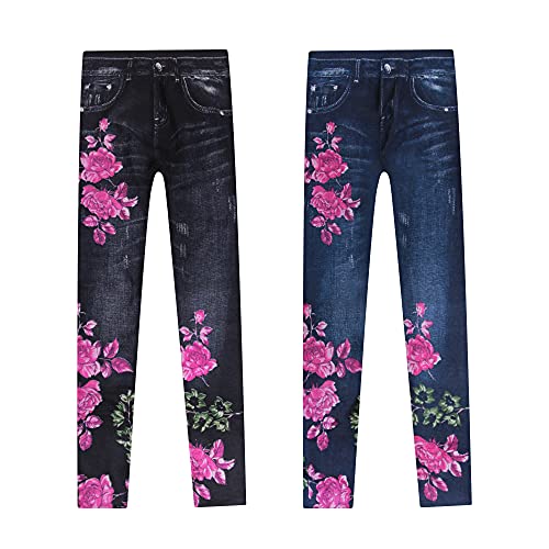 GoVIA Pack de 2 Señoras Estampado Polainas Jeans Look Denim Pantalones Modernas Casual Cintura Alta Estiramiento Leggins Elástico 4159 Negro Azul