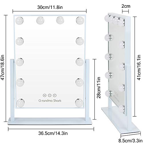 GRANDMA SHARK Hollywood Espejo de Maquillaje, 36 × 47 cm, Espejos de Mesa con 12 Bombillas, Ajustable Brillo y 3 Temperatura del Color