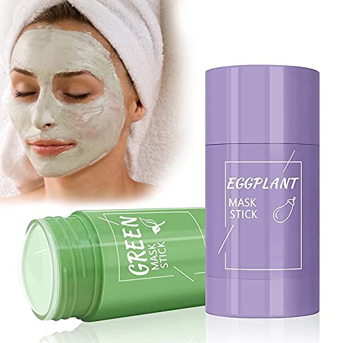 Green Stick Mask, Green Tea Cleansing Mask, Mascarilla Limpiadora Facial, Mascarilla Purificadora de Té Verde y Berenjena para limpieza del acné,Hidratar Piel Control de Aceite Anti Acné(2 Sticks)