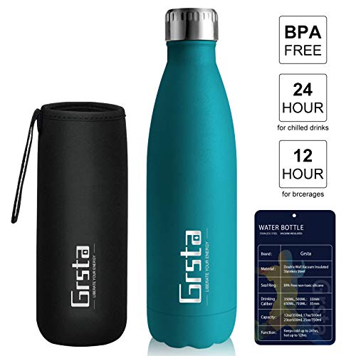 Grsta Botellas De Agua, Botella Agua Acero Inoxidable sin BPA 500ml/Musgo Verde Completo Botellas de Frío/Caliente Termo para Niños/Adultos, Adecuada para Al Aire Libre Deportes Camping Y Ciclismo