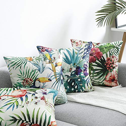 Gspirit 4 Pack Tropical Flamenco Flor Hojas Algodón Lino Throw Pillow Case Decorativo Funda e Almohada 45x45cm