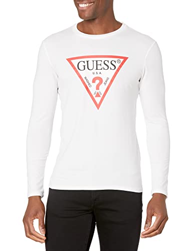 GUESS Men's Crewneck Long Sleeve Original Logo Tee, Pure White, Medium