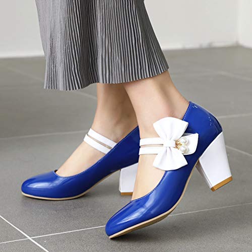 HavueGatue Mujer Dulce Mary Jane Zapatos Tacon Ancho Zapatos Lolita Zapatos Hook and Loop Spring Zapatos with Bow Blue Size 44 Asiático