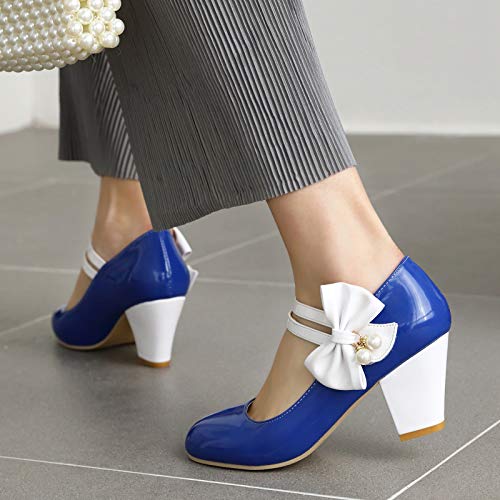 HavueGatue Mujer Dulce Mary Jane Zapatos Tacon Ancho Zapatos Lolita Zapatos Hook and Loop Spring Zapatos with Bow Blue Size 44 Asiático