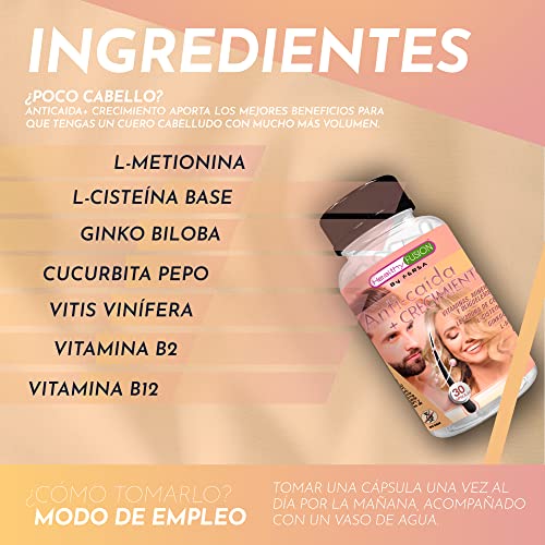 Healthy Fusion Efectivo Anticaída, Crecimiento para el cabello, Estimula el crecimiento, Aumenta volumen y densidad, Fortalece la raíz, Aporta brillo y luminosidad, Para mujeres y hombres, 30 cápsulas