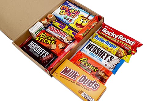 Heavenly Cesta de Dulces y Chocolate Americanos - Set de Marcas Clásicas de USA, Surtidos Originales, Regalo para Niños, Adulto - Cumpleaños, Navidad - 17 Dulces, paquete de 28x19x4cm