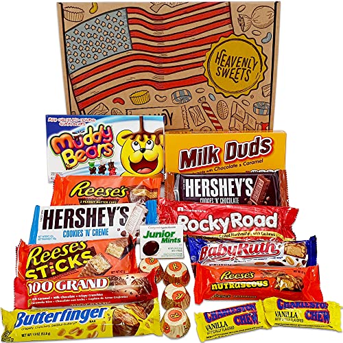 Heavenly Cesta de Dulces y Chocolate Americanos - Set de Marcas Clásicas de USA, Surtidos Originales, Regalo para Niños, Adulto - Cumpleaños, Navidad - 17 Dulces, paquete de 28x19x4cm