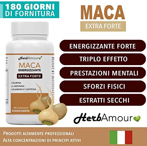 Herbamour Maca | 180 Capsulas Por 6 Meses De Alta Dosis En E.S. + L-Arginina + Vitamina B6 + Zinc + Taurina + Guaraná + Maca Peruana Con Extracto De Maca Andina | Proporción 10:1 | Calidad Italiana