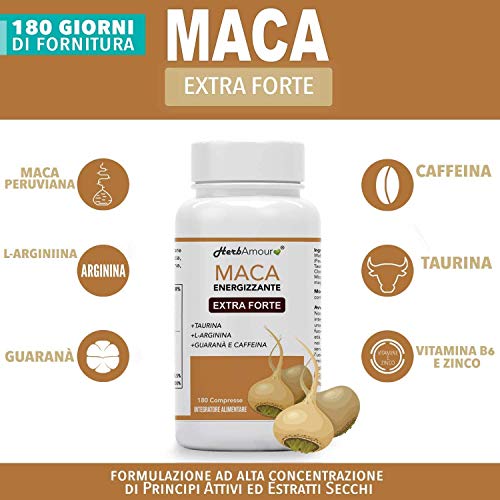 Herbamour Maca | 180 Capsulas Por 6 Meses De Alta Dosis En E.S. + L-Arginina + Vitamina B6 + Zinc + Taurina + Guaraná + Maca Peruana Con Extracto De Maca Andina | Proporción 10:1 | Calidad Italiana