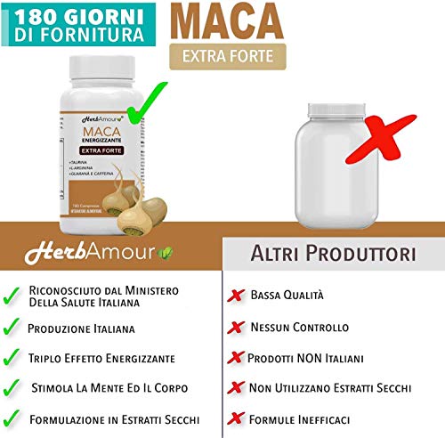 Herbamour Maca | 180 Capsulas Por 6 Meses De Alta Dosis En E.S. + L-Arginina + Vitamina B6 + Zinc + Taurina + Guaraná + Maca Peruana Con Extracto De Maca Andina | Proporción 10:1 | Calidad Italiana