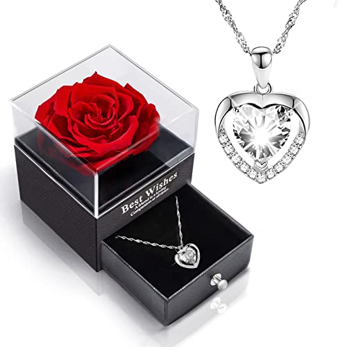 Herbst Rosa Eterna Caja con Collar De Plata 925, Rosas para Mujer para El DíA De San ValentíN, DíA De La Madre, Aniversario, CumpleañOs para La Madre, Esposa