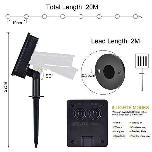 Herefun 200LEDs Solar Cadena de Luces 22M Guirnalda Luces Exterior, IP65 Impermeable Con 8 Modos de Luz para Jardín, Patio, Dormitorio, Bodas, Navidad, Blanco Cálido[Clase de eficiencia energética A]