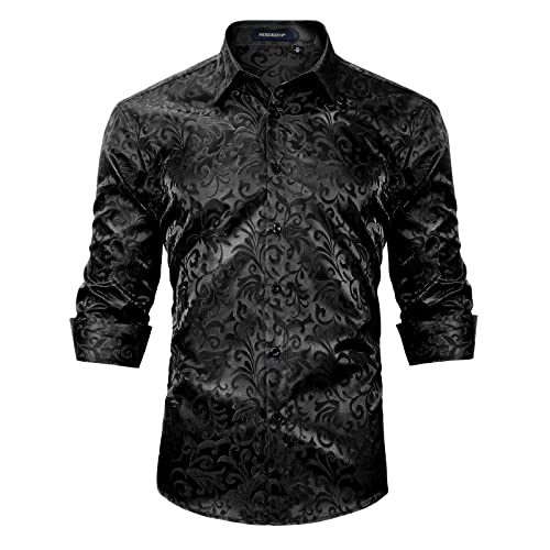 HISDERN Camisas de Hombre Camisas de Vestir con Botones de satén Camisa de Seda de Cachemira de Ajuste Regular de Manga Larga para Hombres Patrón único Floral Informal